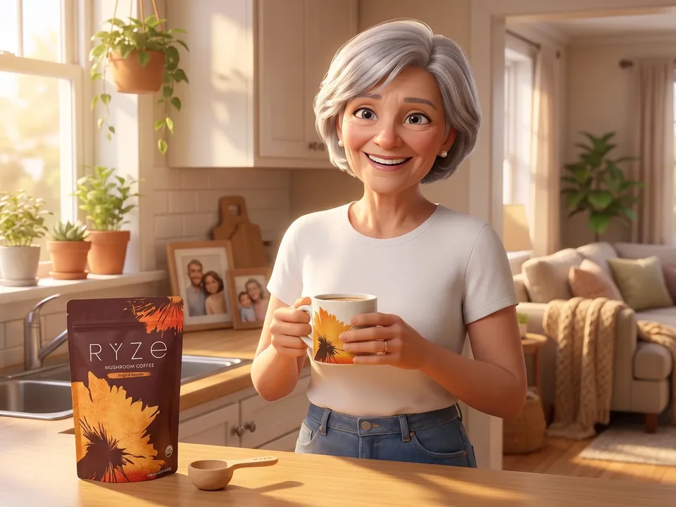 The animated mother smiling at her sunlit kitchen counter with the floral RYZE mug in both hands, the brown RYZE pouch and the wooden scoop in front of her.