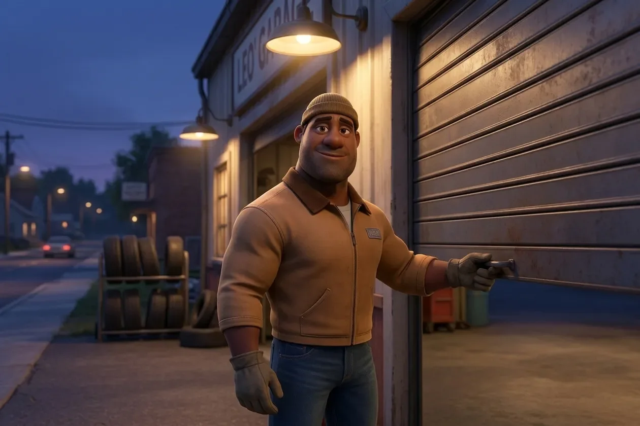 Mechanic calmly closing his garage at dusk, relaxed after a steady day
