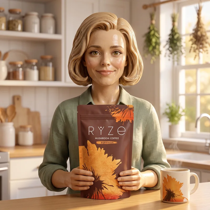 The clay 3D woman from the ad in a white herb kitchen holding the brown RYZE Mushroom Coffee pouch, a RYZE mug steaming beside her.