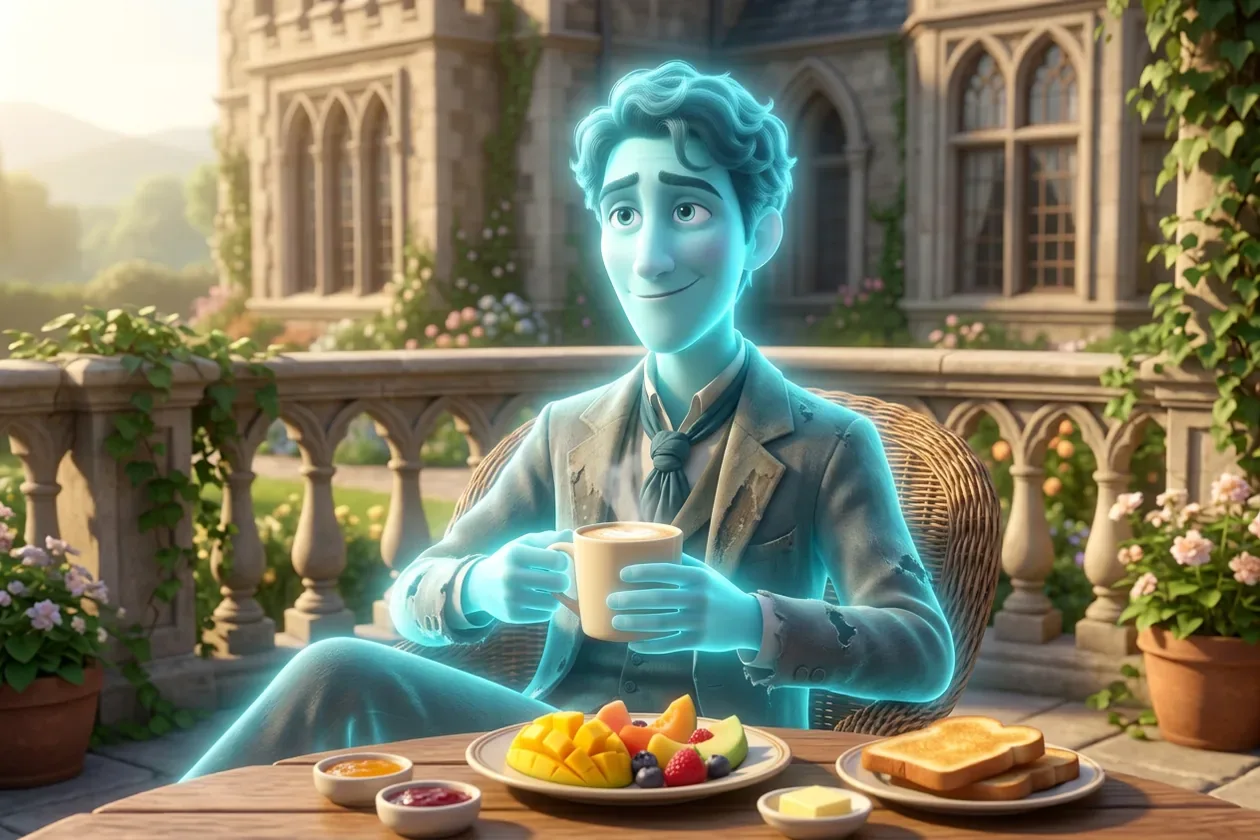 Ghost of a young man relaxed at a sunny breakfast on the manor terrace with a mug of RYZE