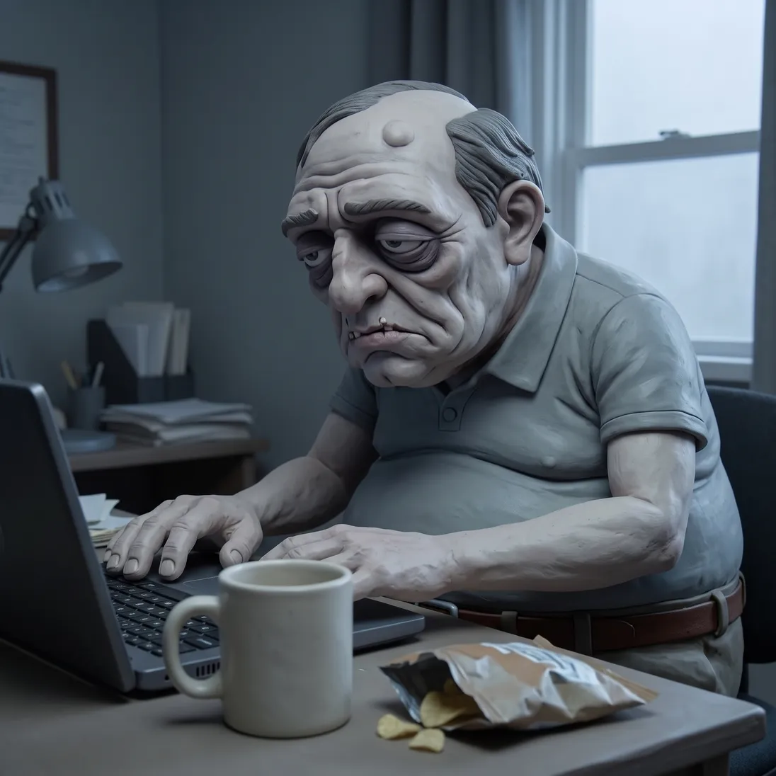 Clay-animation dad slumped at his desk in the 3pm crash