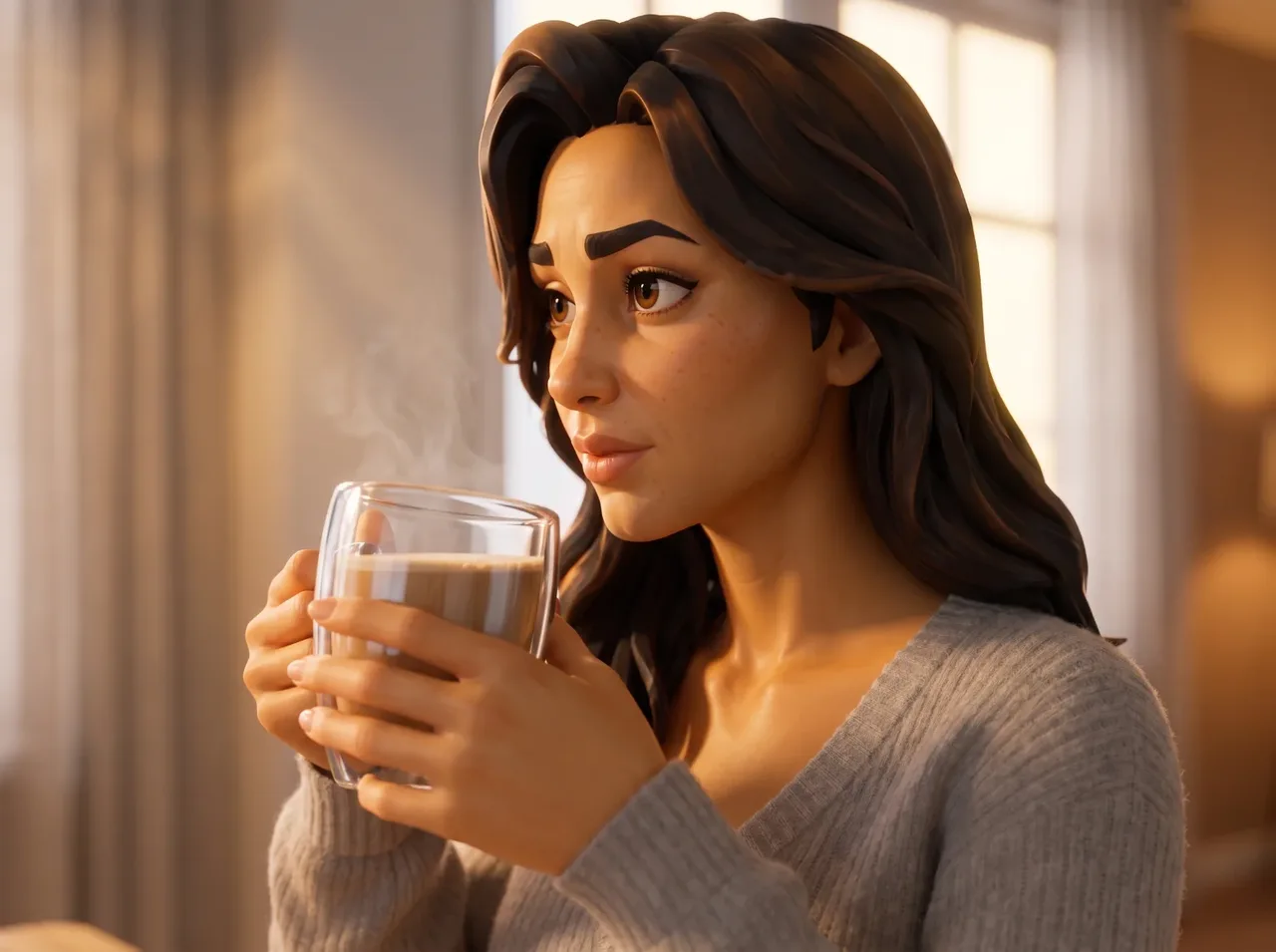 Woman cradling a steaming glass mug of prepared RYZE in warm morning light