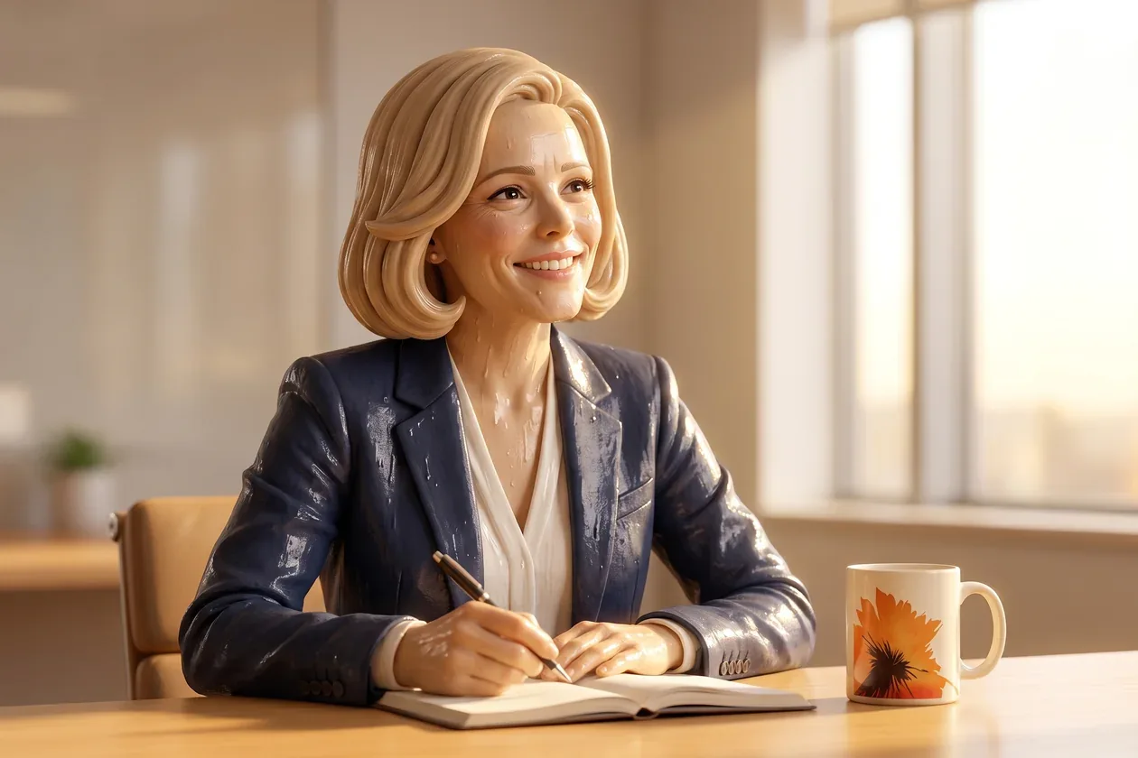 The textured-clay 3D woman from the ad, a slim blonde in her late forties with a chin-length bob at a bright meeting-room table, pen in hand, clear-headed, her RYZE mug beside the notebook.