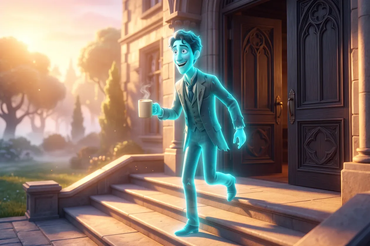 Ghost of a young man stepping out of the manor into bright morning sun with a mug in hand, wide awake