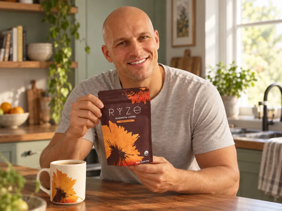 The natural bald man in a grey T-shirt in the matching campaign scene with consistent facial features