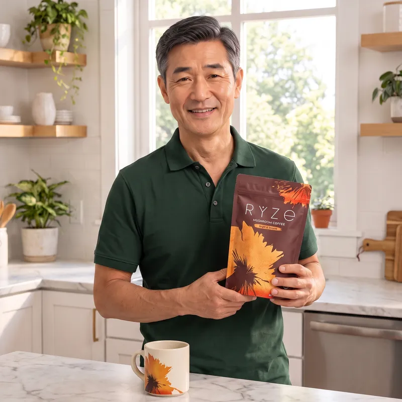 The man holding the brown RYZE Mushroom Coffee pouch at chest height in his bright kitchen.