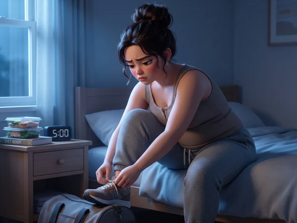 The animated mom in a taupe tank and grey sweatpants on the edge of her bed at 5am, bent forward lacing a running shoe, gym bag at her feet, meal-prep boxes