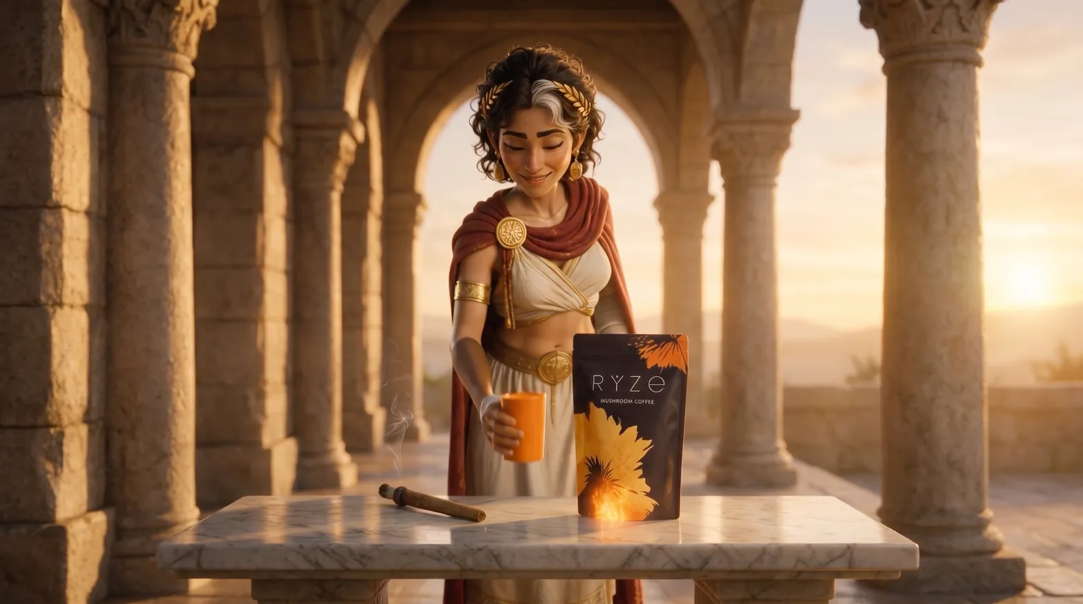 Woman at a sunrise marble table with an orange RYZE mug and a RYZE Mushroom Coffee pouch, a joint resting beside her
