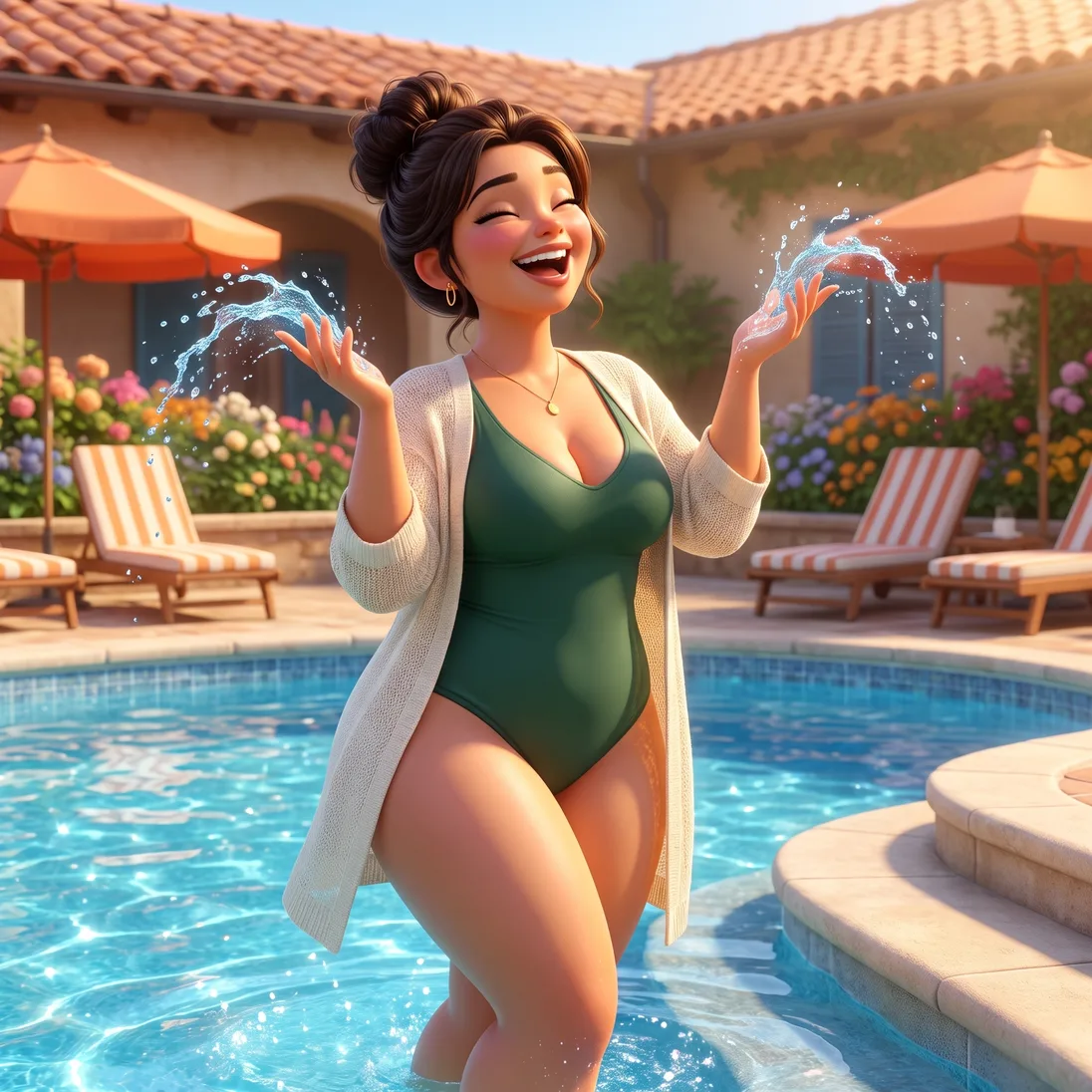 The same mom laughing on the sunlit steps of her backyard pool in a green swimsuit and open cover-up, splashing water