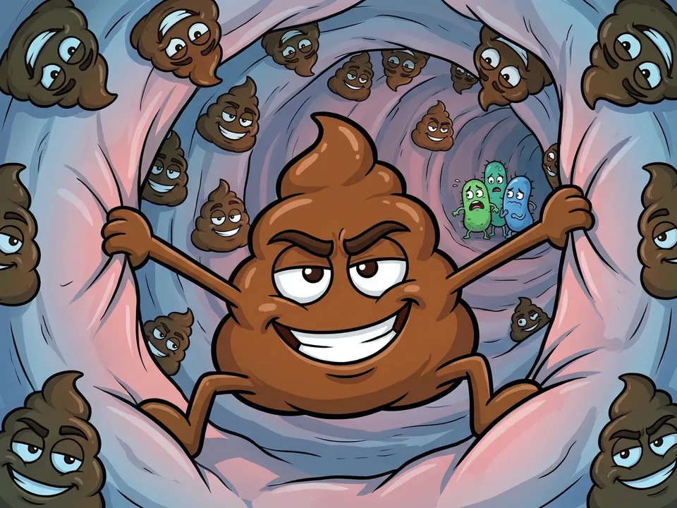 A crowd of smug cartoon poop characters stuck along a cool-lit colon tunnel, two worried gut bacteria outnumbered