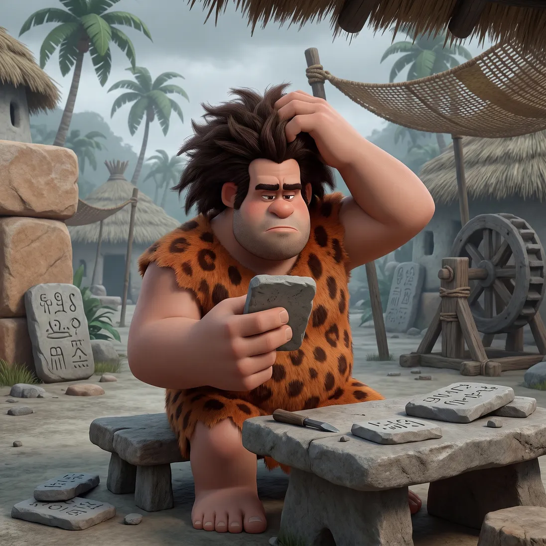 The animated caveman half up from his stone desk, hand in his hair, checking a slate tablet like a phone while his carving sits unfinished