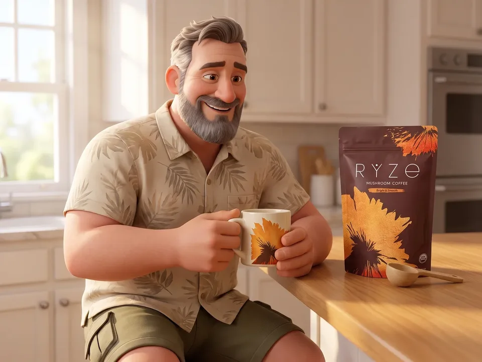 The bearded man at his kitchen counter with a RYZE mug in both hands, the brown RYZE Mushroom Coffee pouch and wooden scoop beside it