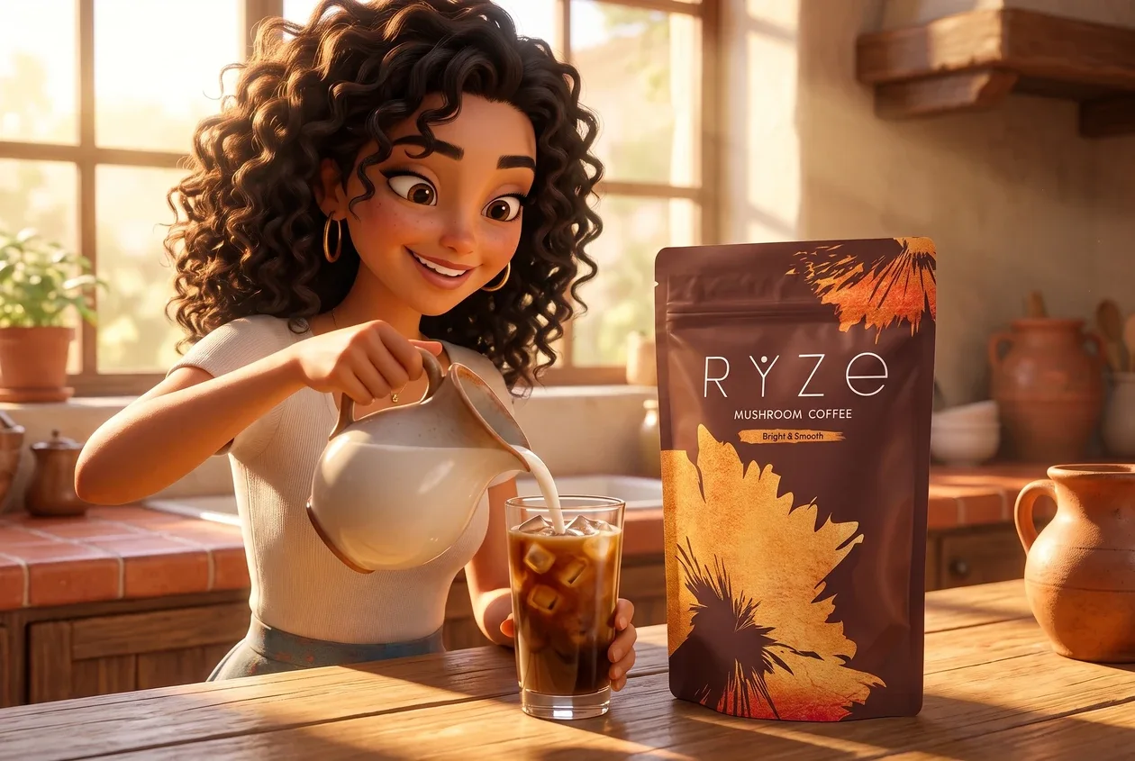 Animated mom pouring frothed milk into an iced RYZE coffee beside the bag