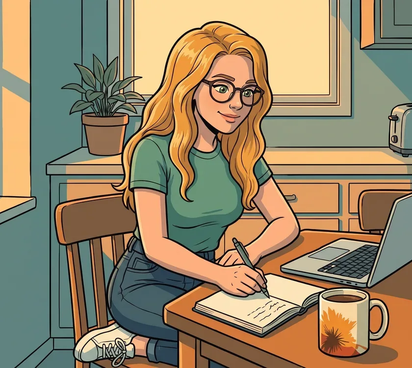 The woman from the ad writing in a notebook at her home desk, clear-eyed, RYZE mug beside the laptop.