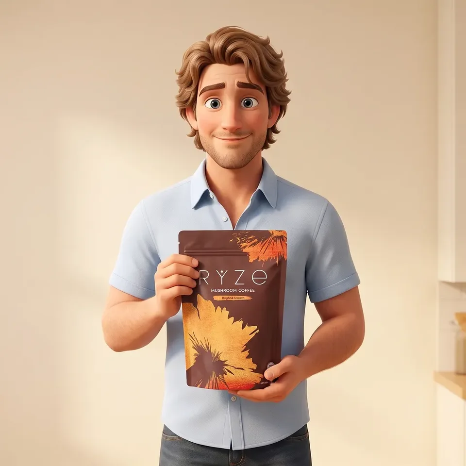 Animated dad in his early 40s holding the RYZE Mushroom Coffee pouch in his kitchen