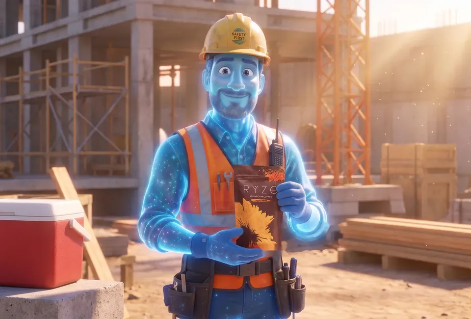 The animated glowing blue construction worker holding the brown RYZE Mushroom Coffee pouch with both hands, smiling.