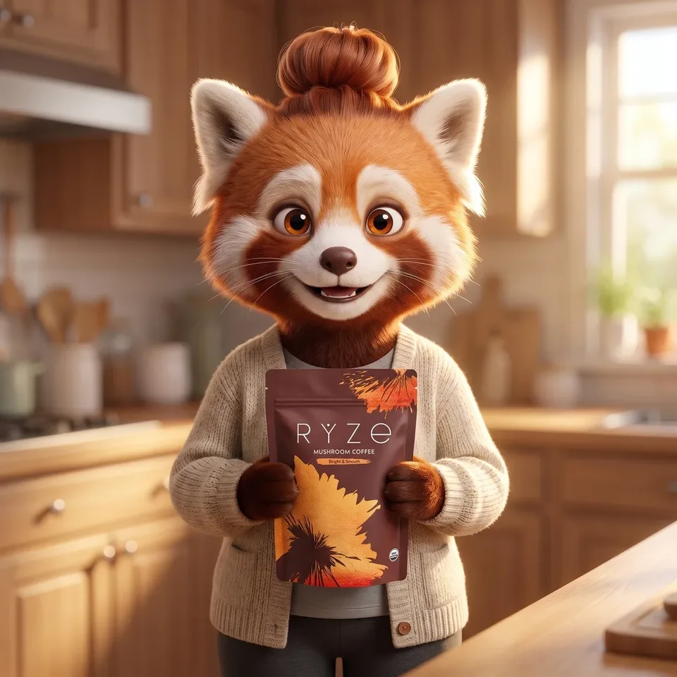 The red panda mom holding the whole brown RYZE pouch with both hands at chest height in her kitchen.