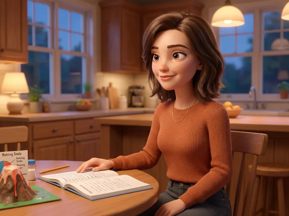 The same mom relaxed and present at the kitchen table in the evening, helping with homework under warm lamps