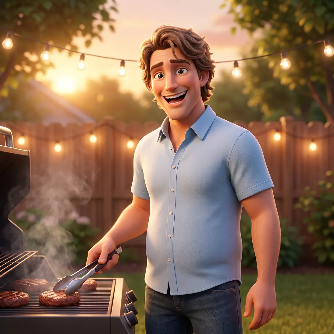 The same dad laughing at the grill in his string-lit backyard at golden hour
