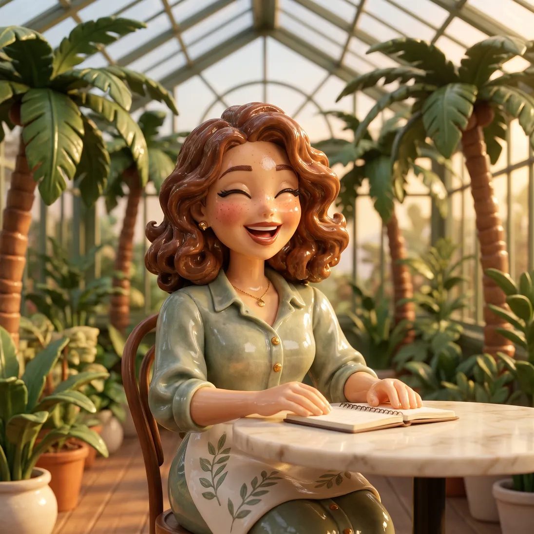 The clay-figurine woman from the ad laughing at a marble cafe table in her glass conservatory in golden light, a notebook open in front of her.