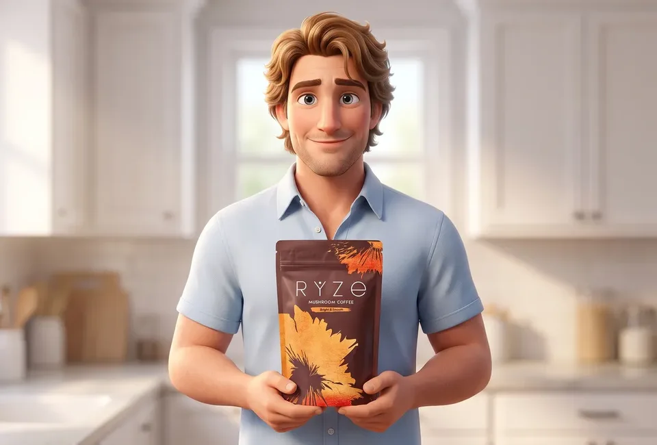 The animated dad in his sunlit kitchen holding the brown RYZE Mushroom Coffee pouch with both hands, smiling.