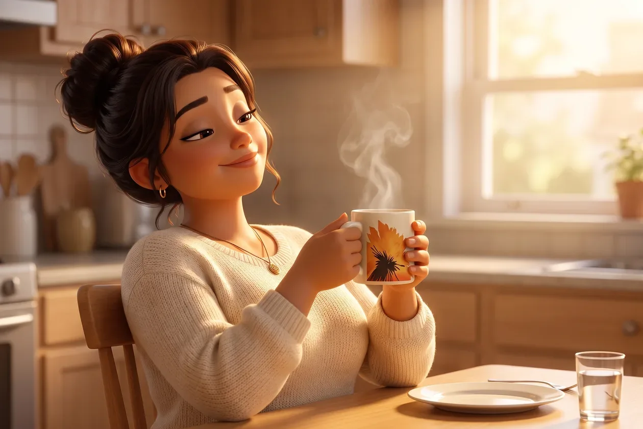The animated mom sitting back at her breakfast table with a hand resting comfortably on her belly, her RYZE mug beside the empty plate