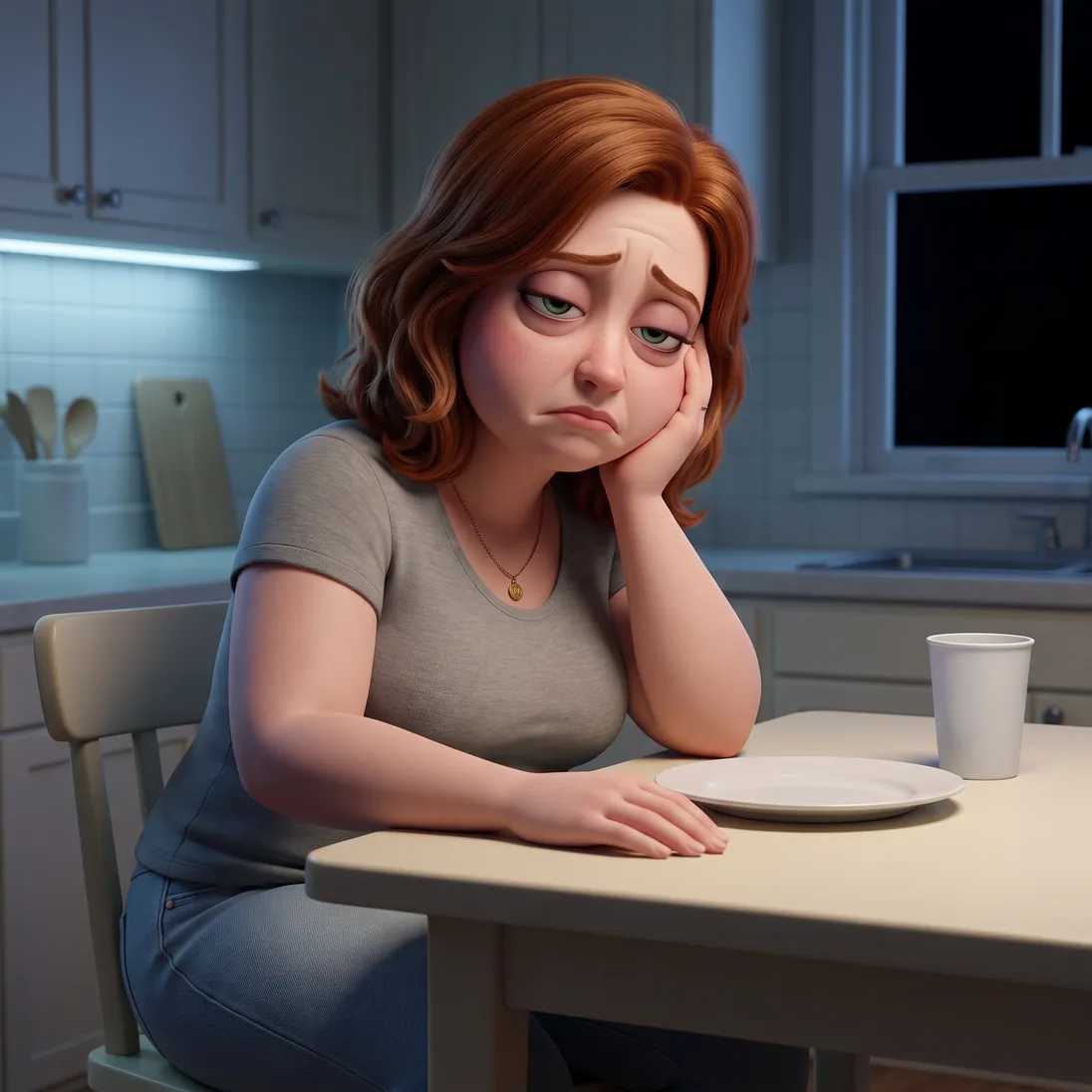 The animated 47-year-old woman from the ad slumped at the kitchen table late at night, cheek on her fist, a cold cup and a pushed-away plate beside her