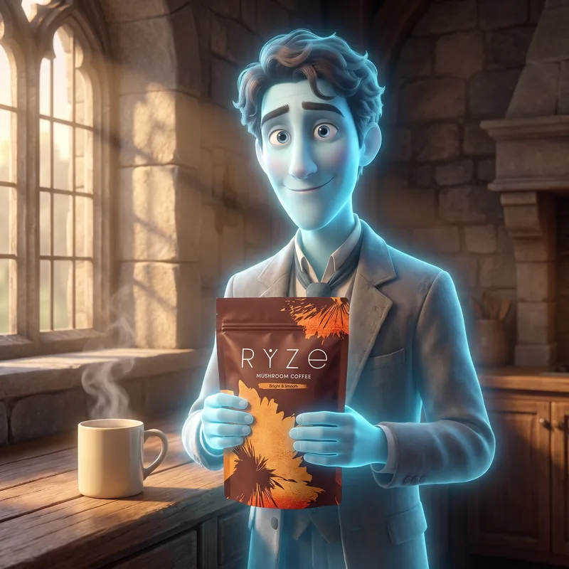 Ghost of a young man in the manor kitchen holding a bag of RYZE mushroom coffee