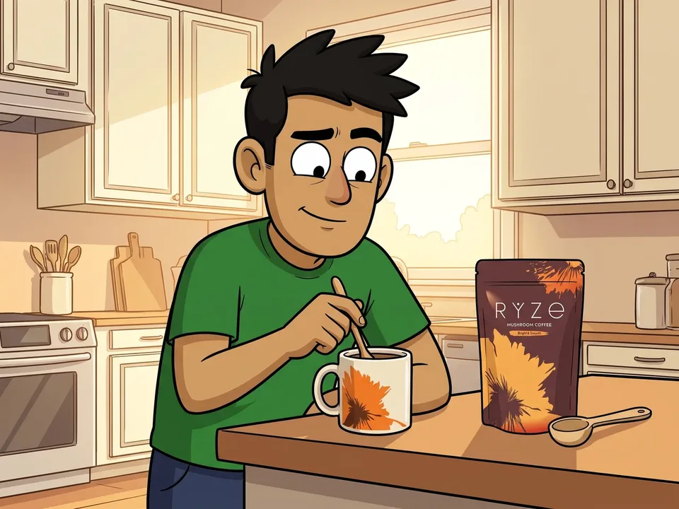 The cartoon man stirring his RYZE mug at the kitchen counter, the brown RYZE pouch and wooden scoop beside it