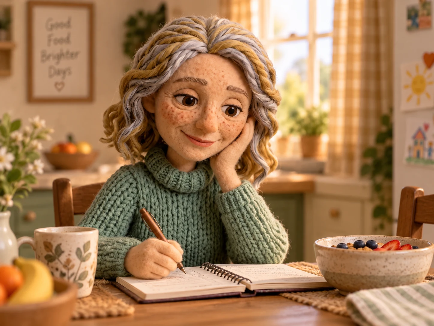 The friendly freckled felt mother in a sage knitted sweater looking mildly tired at breakfast