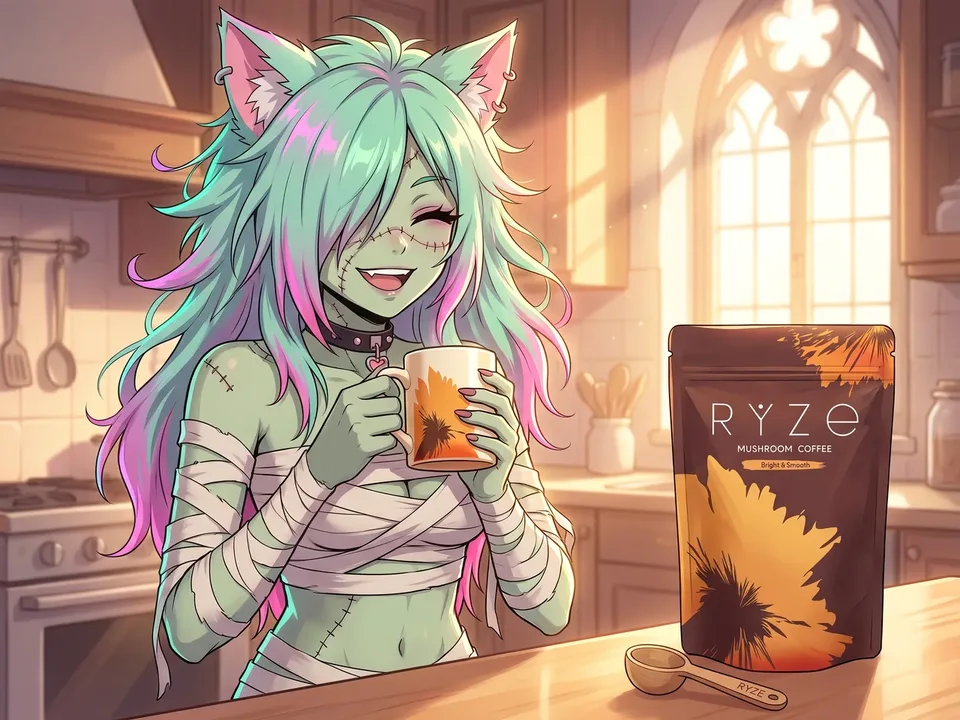 The anime cat girl at her sunlit kitchen counter with the floral RYZE mug in both hands, the brown RYZE pouch and the wooden scoop beside her.