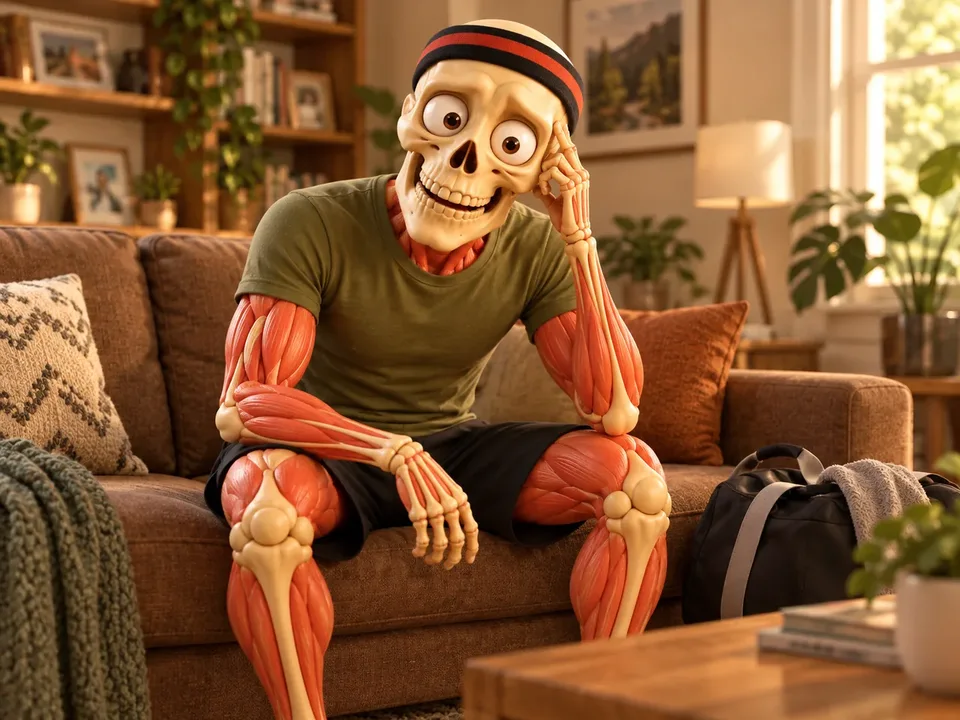 Friendly sporty skeleton in a red-and-black headband and olive T-shirt slumped on the couch with both hands visible.