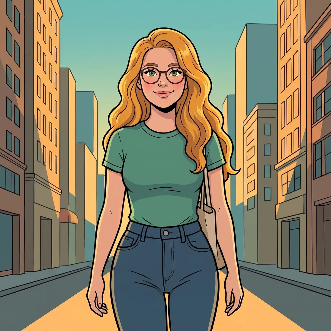 The woman from the ad walking down a sunny amber street, relaxed and smiling.