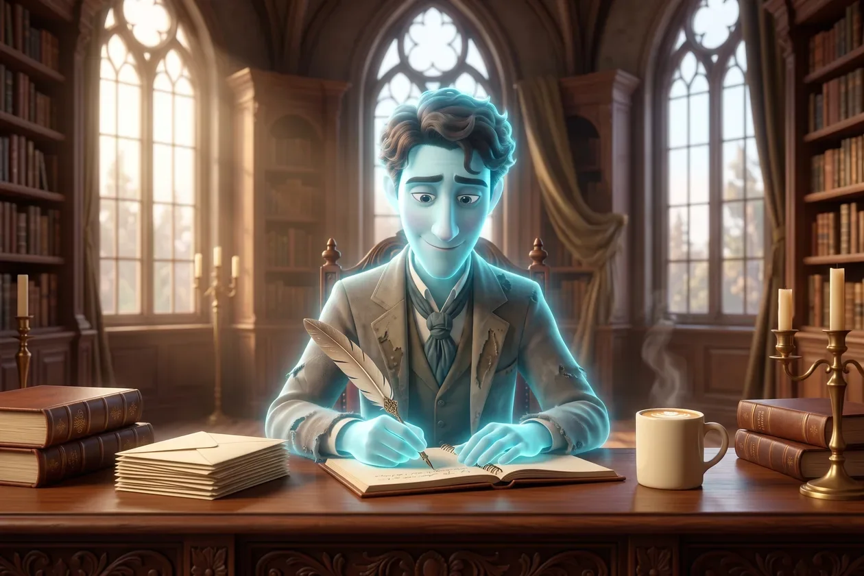 Ghost of a young man locked in at the manor library desk, writing with a mug of RYZE beside him