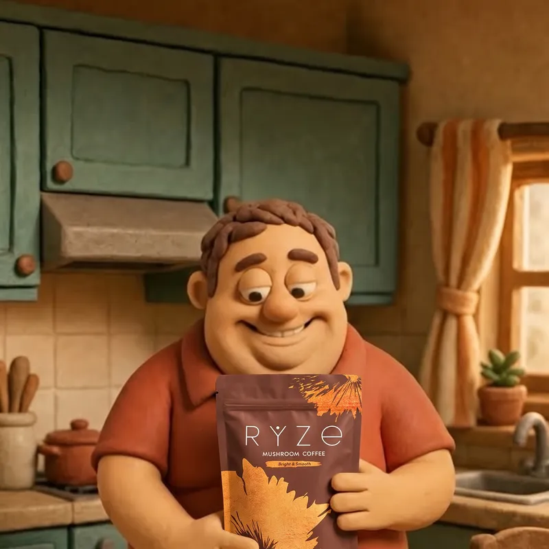 Woman holding a bag of RYZE mushroom coffee in her kitchen