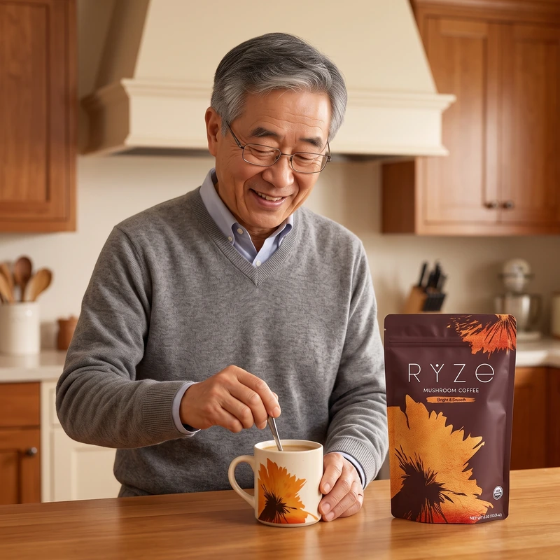 Older man preparing his morning RYZE cup
