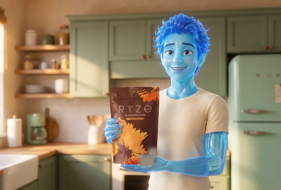 The translucent blue glass man in his green kitchen holding the brown RYZE Mushroom Coffee pouch with both hands, smiling.
