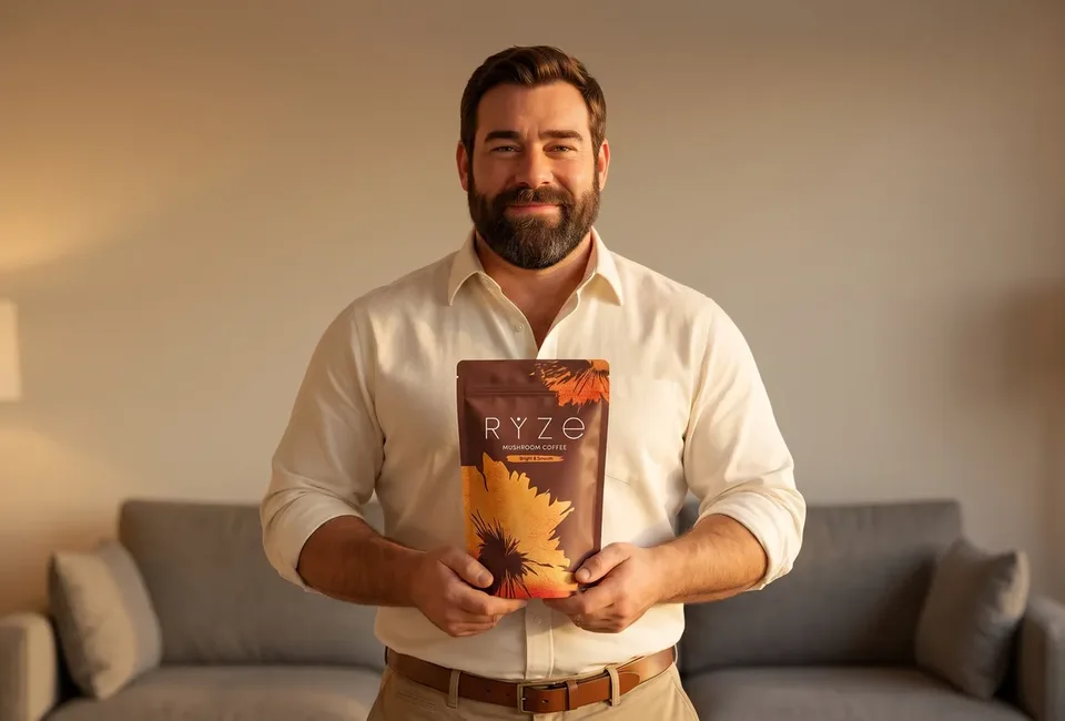 The bearded dad in his living room holding the brown RYZE Mushroom Coffee pouch with both hands, smiling.
