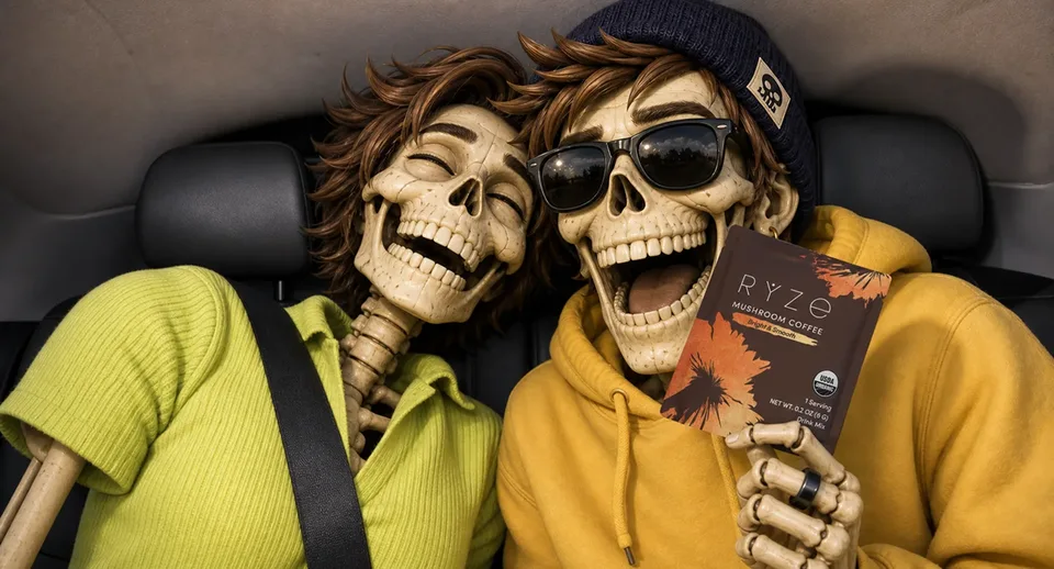 Two skeleton friends laughing in a car with a RYZE Mushroom Coffee sachet
