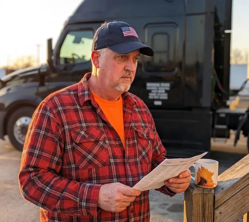 The source-ad truck driver checking his route beside his parked semi late in the afternoon, with the approved RYZE mug nearby.
