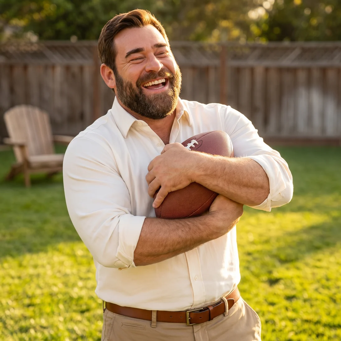 The same dad laughing on his backyard lawn at golden hour, a football raised to throw