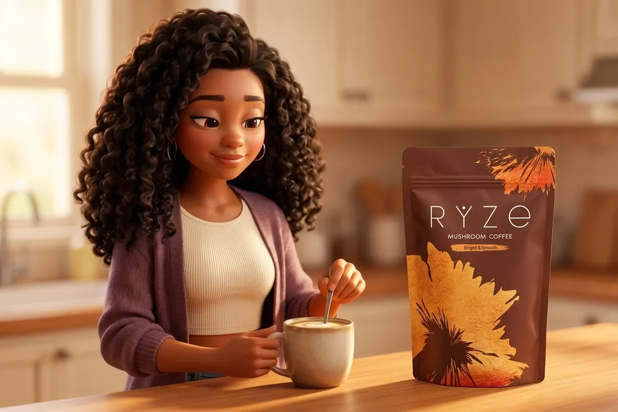 Mom stirring a cup of RYZE at her kitchen counter with the RYZE bag beside her