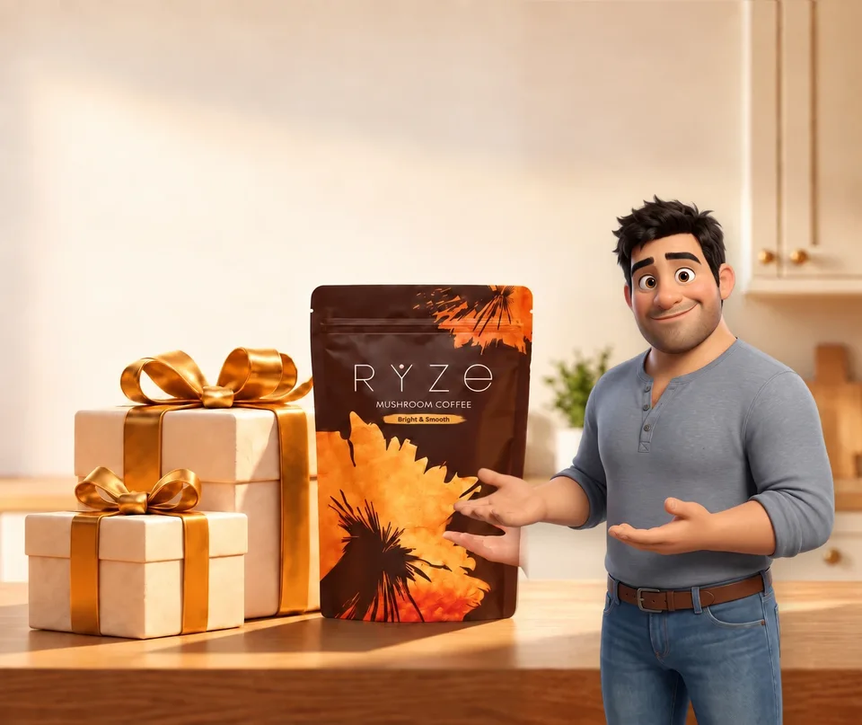 UP TO 40% OFF + FREE GIFTS. RYZE coffee and two wrapped gifts on a kitchen counter with the heavyset man in the grey henley presenting them in the foreground.