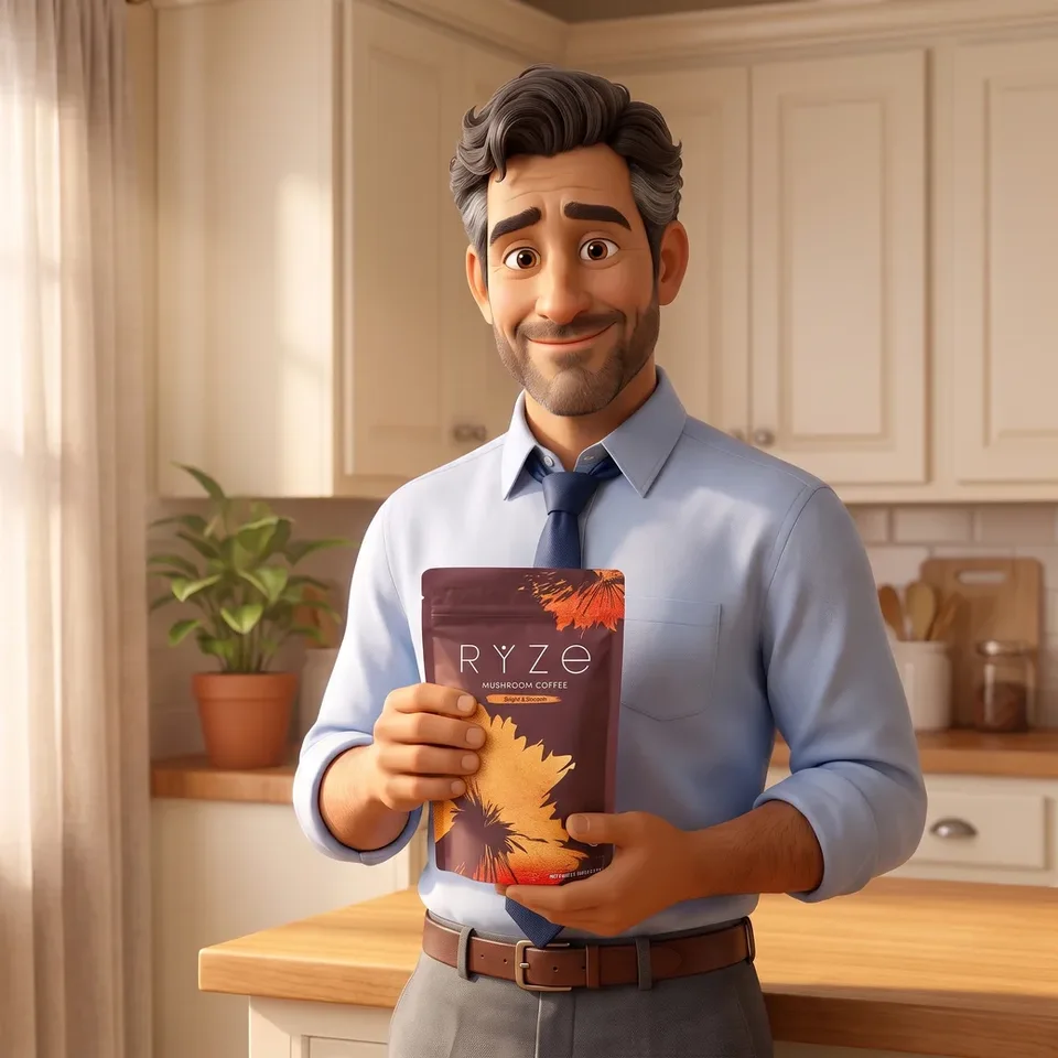 Animated dad holding the brown RYZE Mushroom Coffee pouch at chest height in his kitchen
