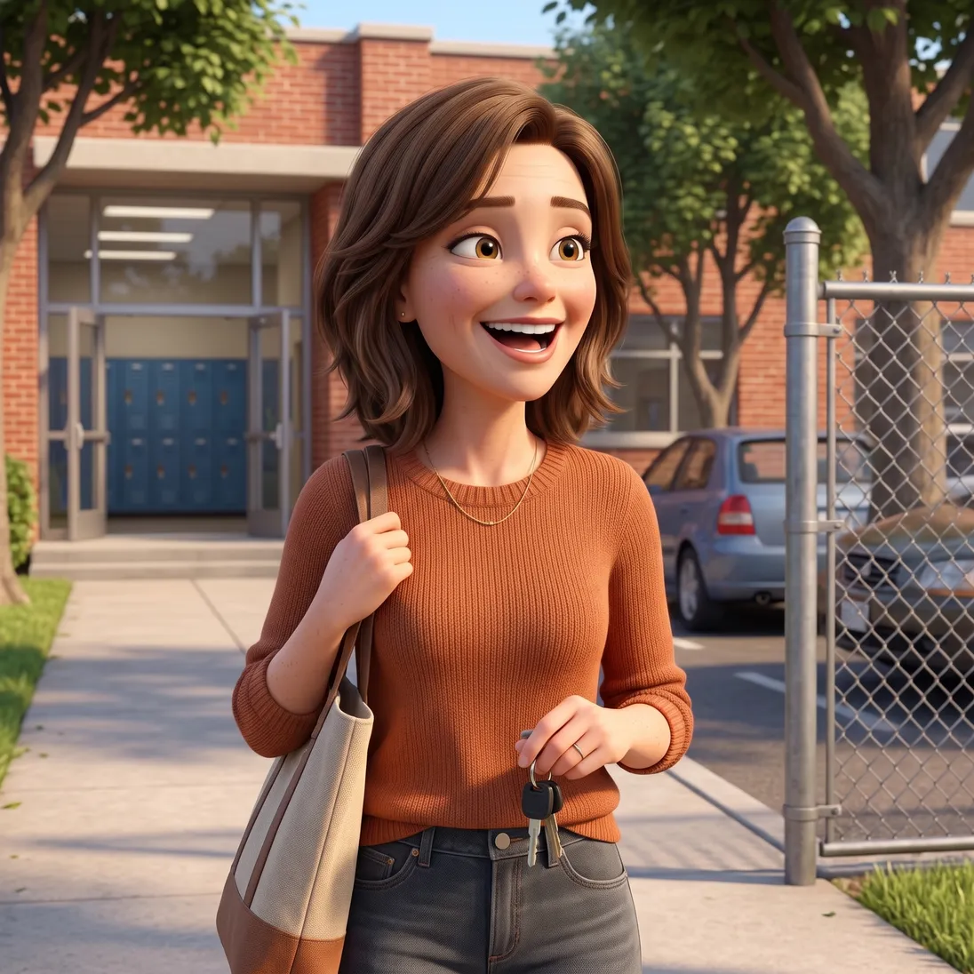 The mom laughing at the school pickup gate on a bright afternoon