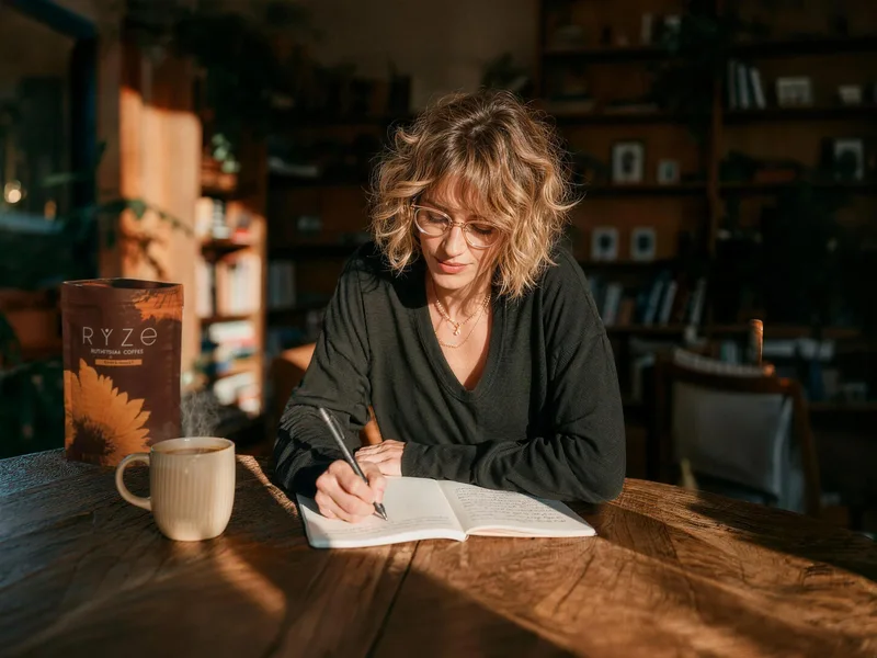 Woman journaling with a mug of coffee in a sunlit library