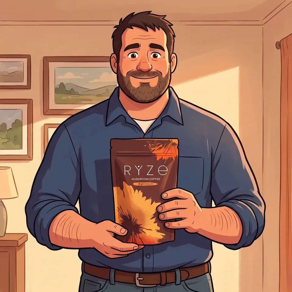 Illustrative hand-drawn animated heavyset man in his 40s holding the brown RYZE Mushroom Coffee pouch in his living room