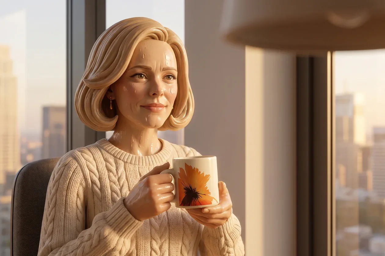 The textured-clay 3D woman from the ad, a slim blonde in her late forties with a chin-length bob sitting calmly by her sunlit home-office window with both hands around her RYZE mug.