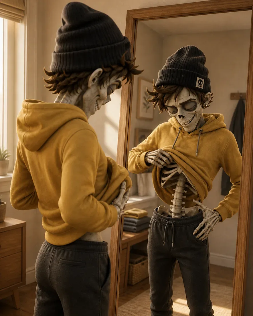 Skeleton character checking their midsection in a mirror, hoodie lifted