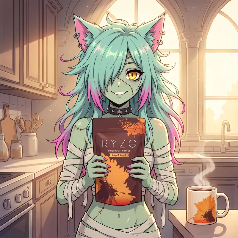 The anime cat girl holding the brown RYZE Bright & Smooth pouch at chest height in her bright kitchen, the floral mug steaming beside her.